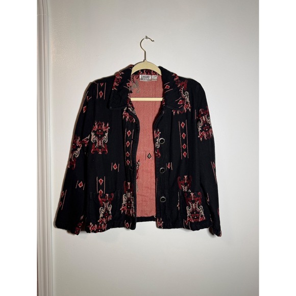 Chico's Design Jackets & Blazers - Chicos Design Black Red Ikat Embroidered Button Front Jacket Cotton Blend Size 1